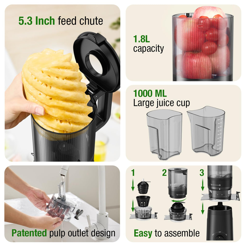 TUUMIIST Cold Press Juicer with 5.3" Feed Chute - Black