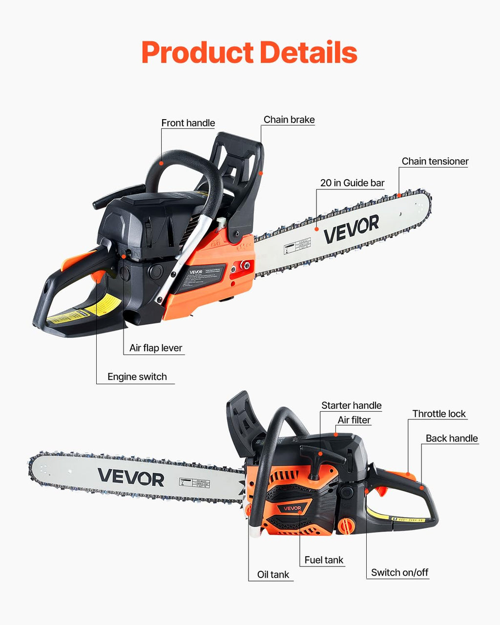 VEVOR 20-Inch 62CC Gas Chainsaw - 3.8 HP, Dual Fuel