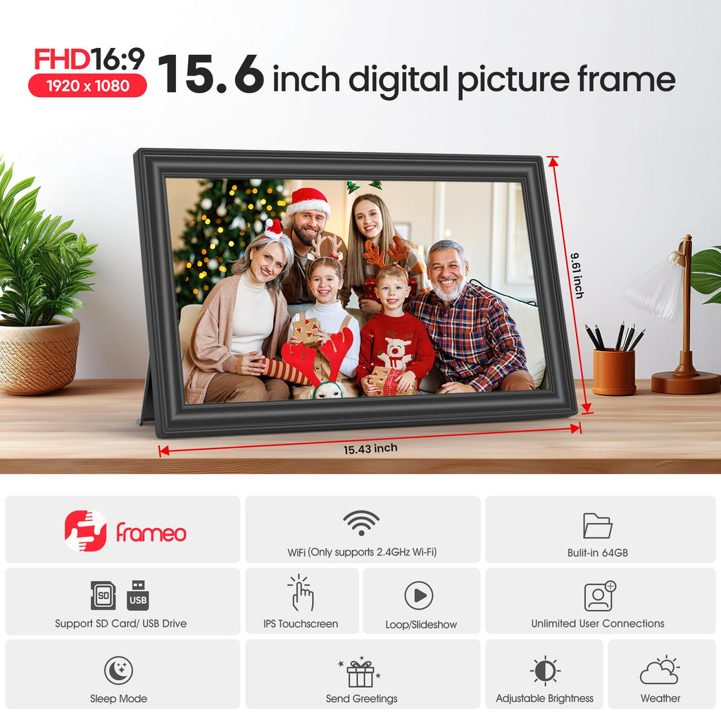 BIGASUO 64GB Frameo 15.6" WiFi Digital Photo Frame