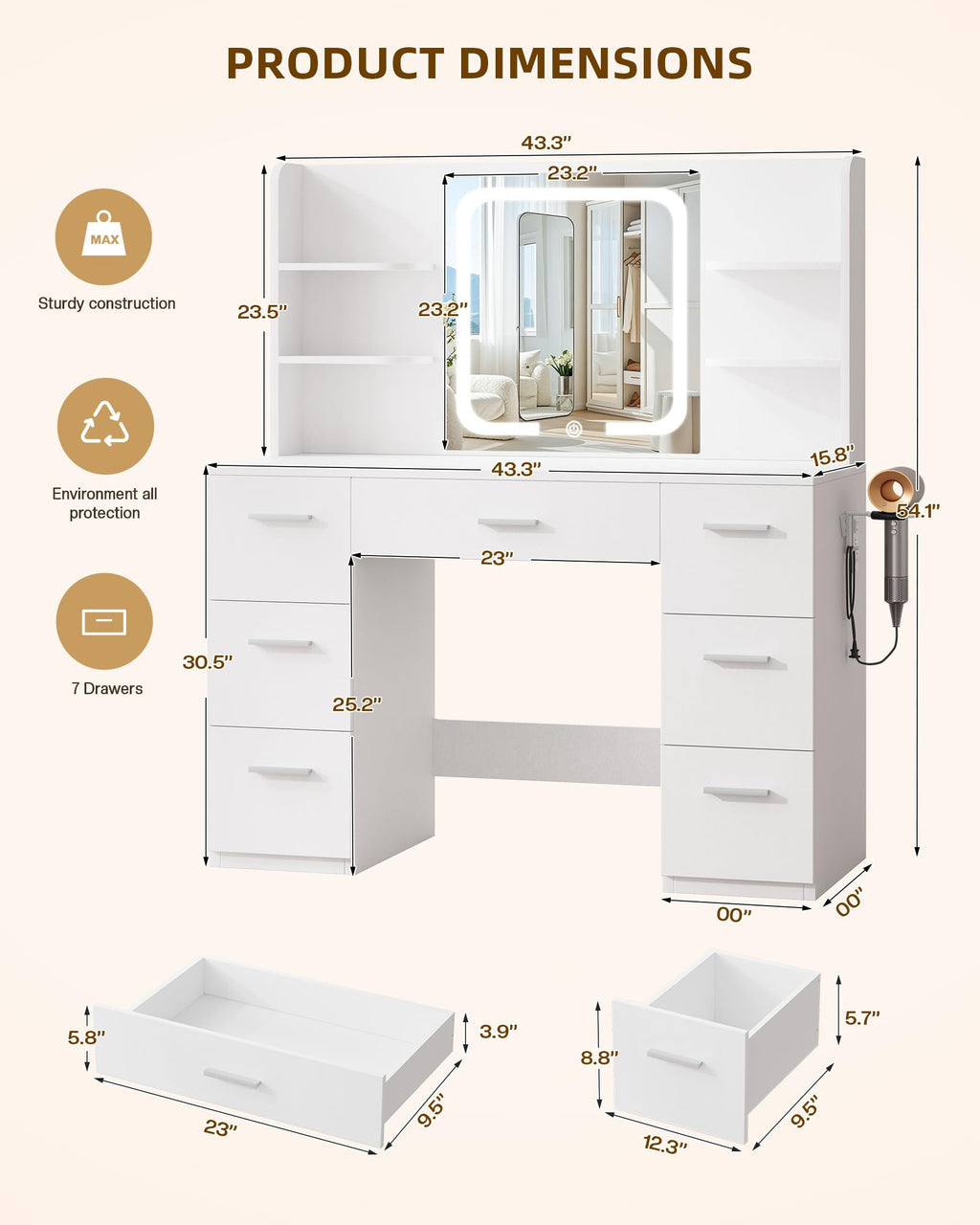 LIVELYGLOW White Makeup Vanity Desk with LED Mirror & Power Station