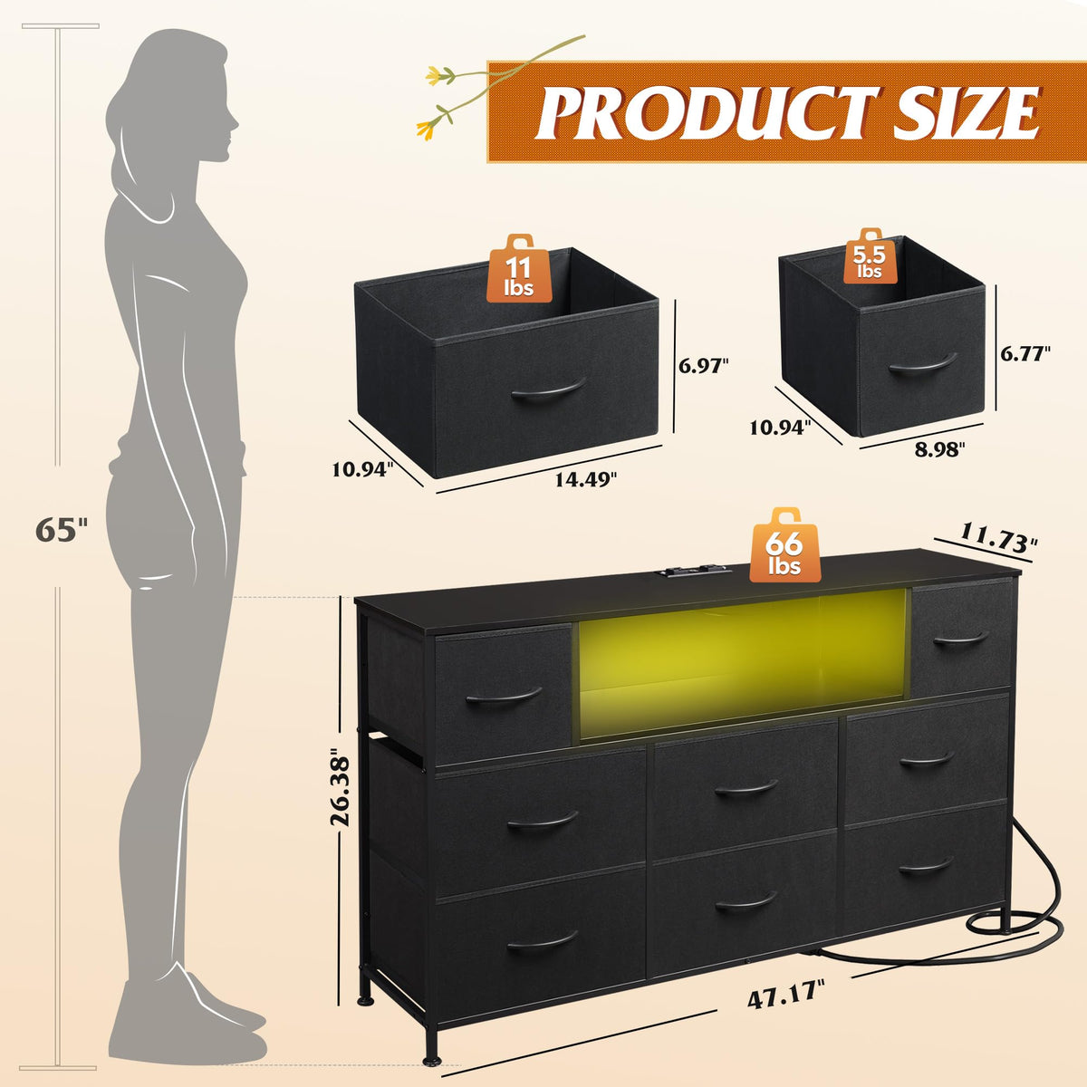 WLIVE Black Dresser TV Stand with LED Lights & Storage
