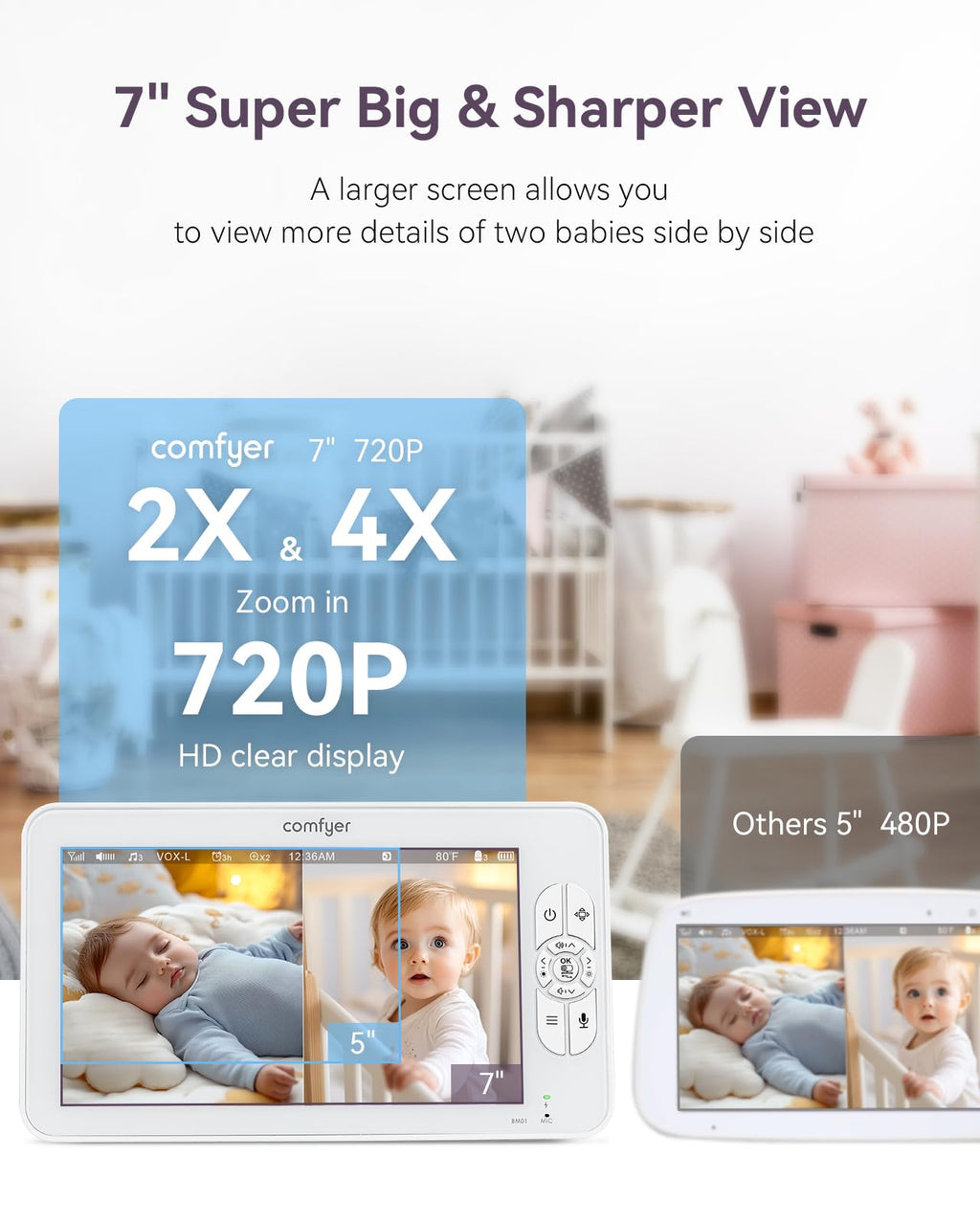 COMFYER BM01 7" HD Split-Screen Baby Monitor with 2 Cameras