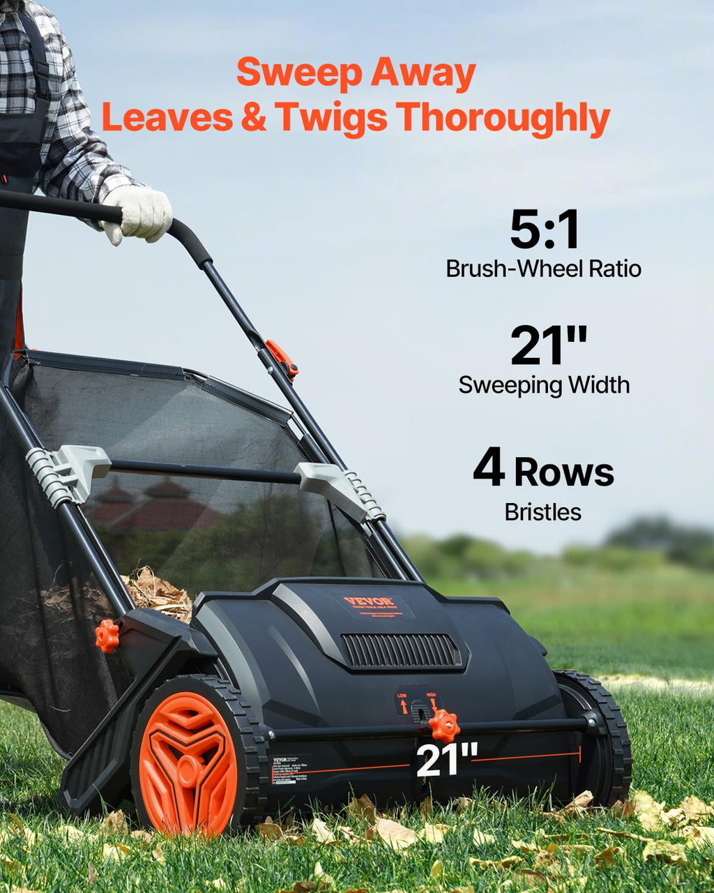 VEVOR Push Lawn Sweeper - 21" Heavy Duty Grass Collector