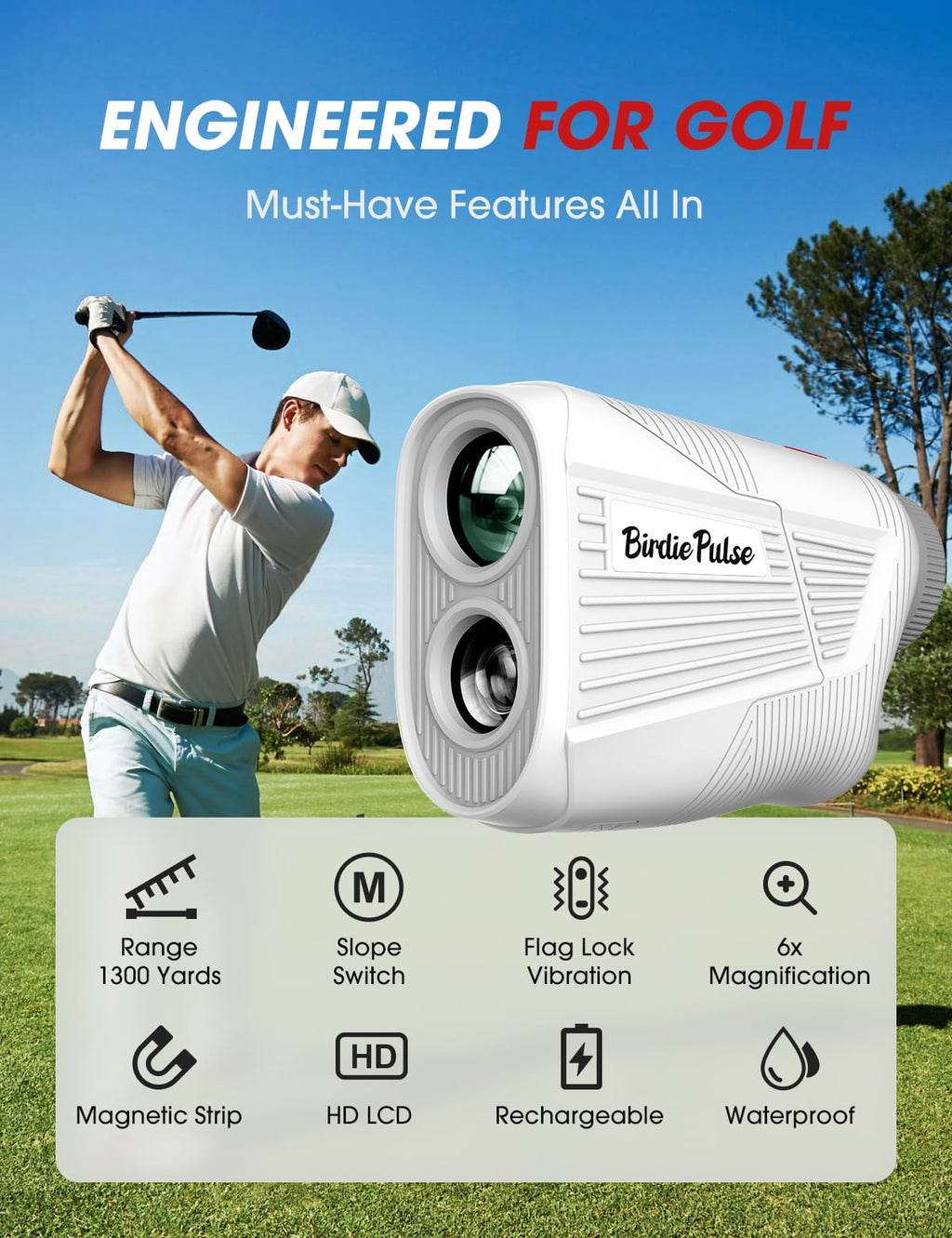 BIRDIEPULSE Golf Rangefinder with Slope & Magnet - 1300 Yards