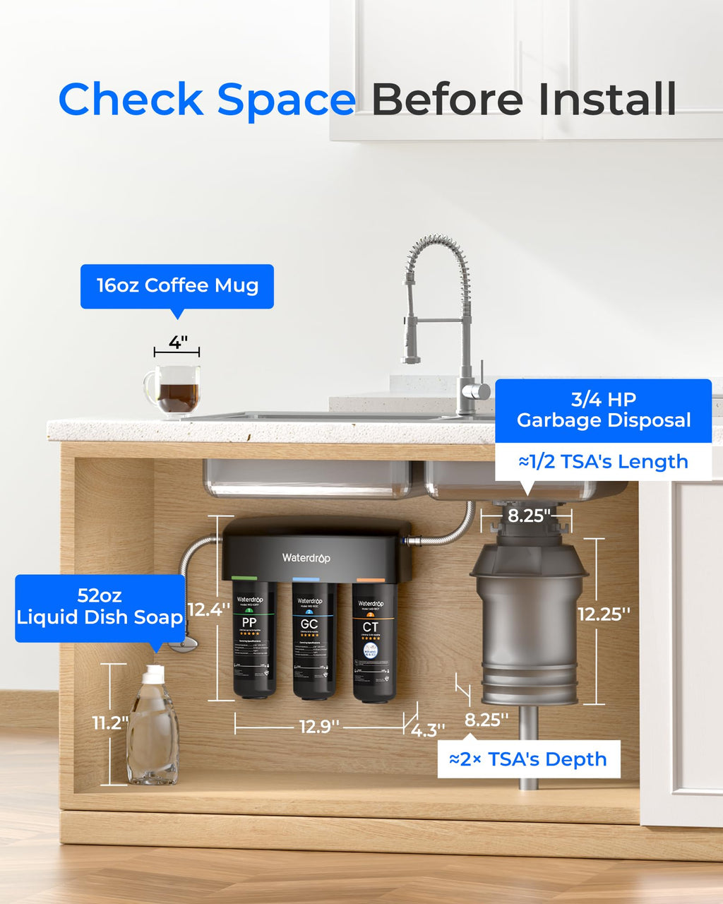 WATERDROP TSA Under Sink Water Filter System - Reduces PFAS & Chlorine