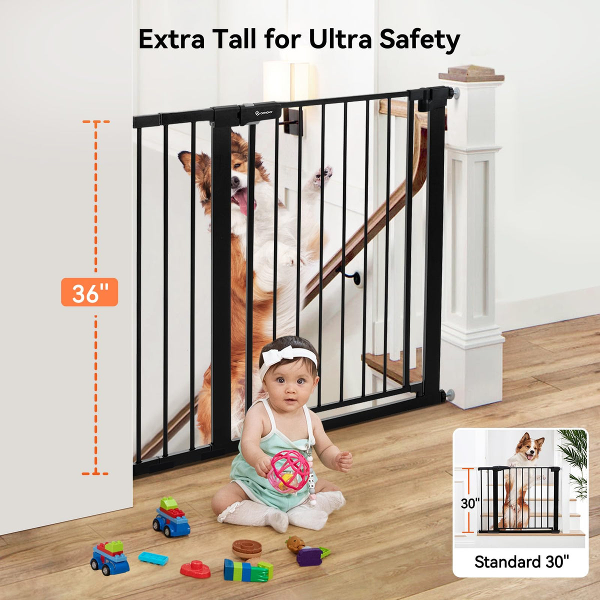 COMOMY 36" Extra Tall Baby Gate - Adjustable for Stairs & Doorways