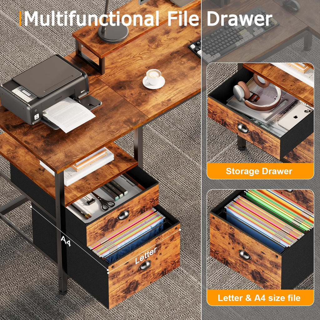 FUROLOGEE 66” L Shaped Desk with Power Outlet & Storage Shelves