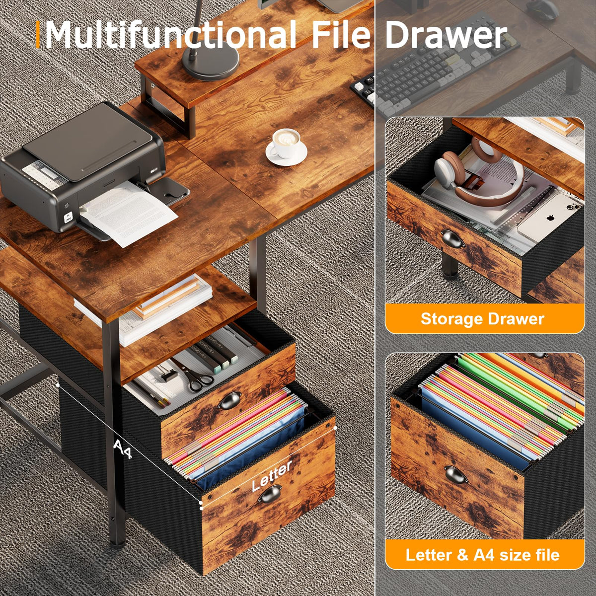 FUROLOGEE 66” L Shaped Desk with Power Outlet & Storage Shelves