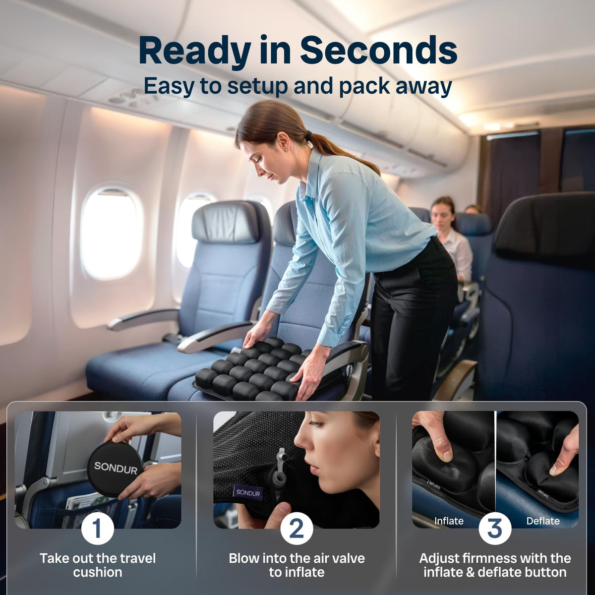SONDUR Travel Cushion – CloudAir Inflatable Seat Pad for Flights