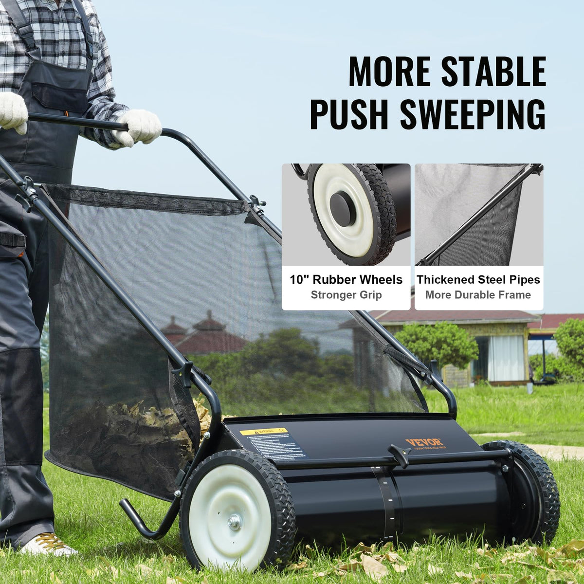 VEVOR Push Lawn Sweeper - 26 Inch Grass & Leaf Collector
