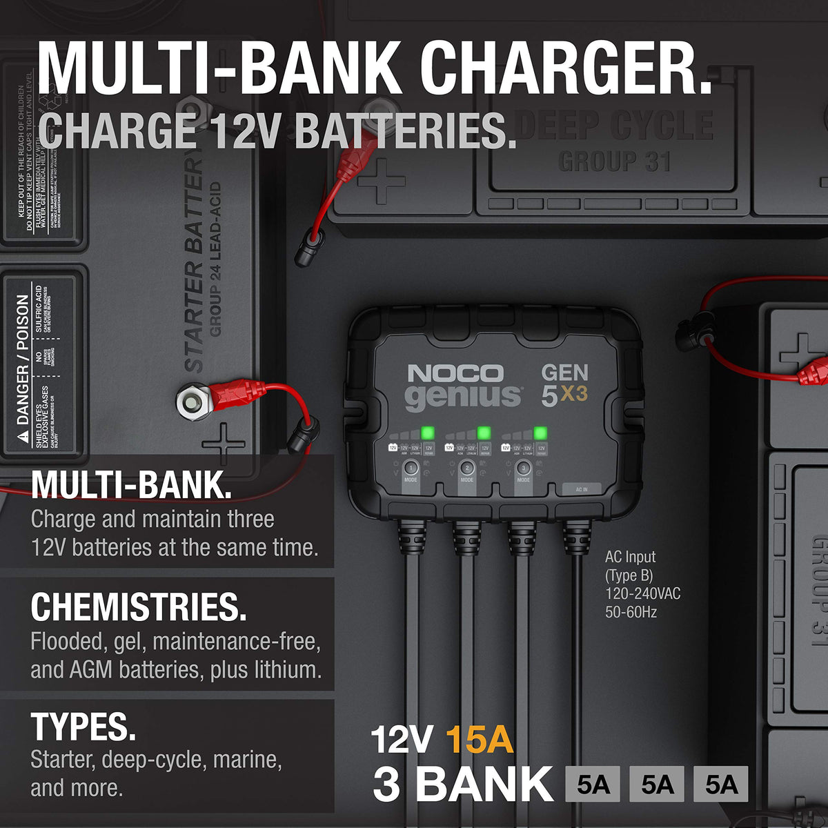 NOCO Genius GEN5X3: 3-Bank 15A Marine Battery Charger