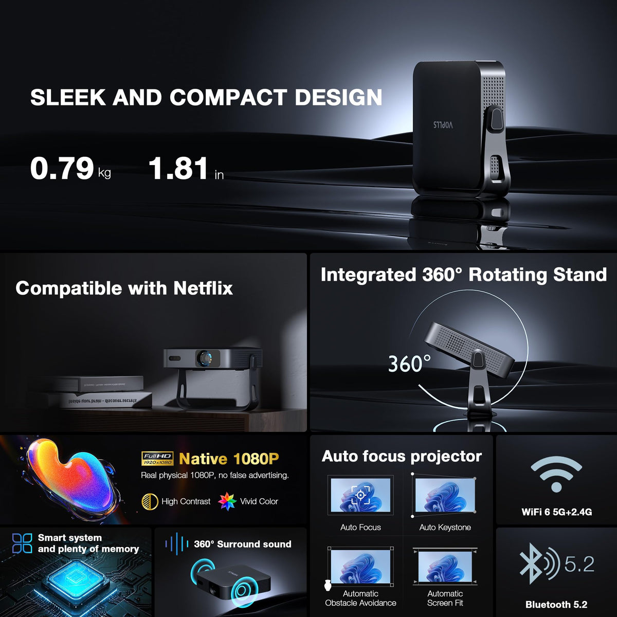 VOPLLS Thinnest 1.81" Smart Mini Projector with WiFi