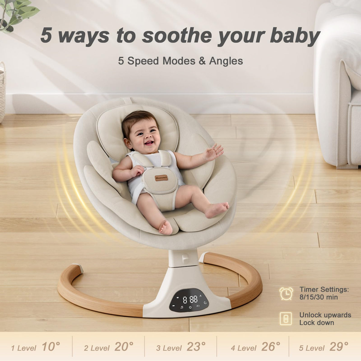 MONAMII Baby Swing with 5 Speeds & 10 Lullabies - Beige