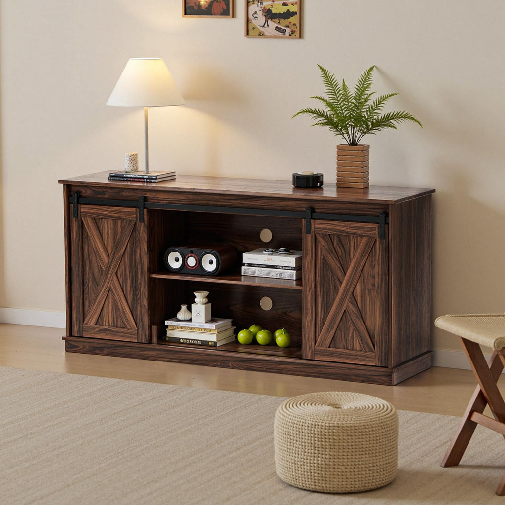 SWEETCRISPY Farmhouse 65-Inch TV Stand with Storage and Barn Door