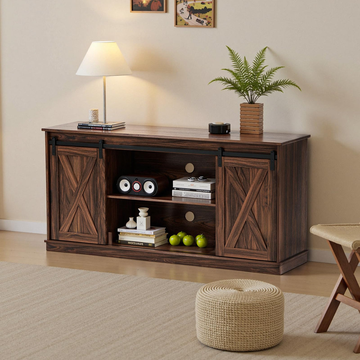 SWEETCRISPY Farmhouse 65-Inch TV Stand with Storage and Barn Door