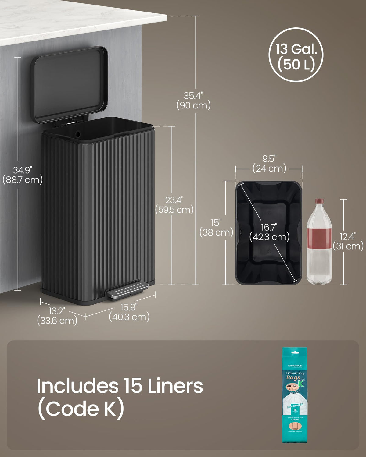 SONGMICS ULTB586BZ01 13 Gallon Stainless Steel Trash Can with Lid