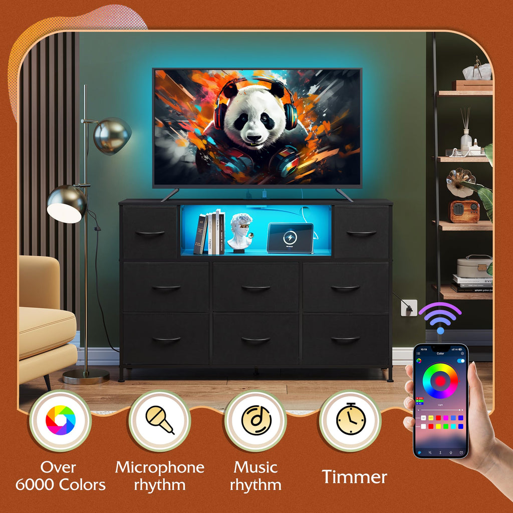 WLIVE Black Dresser TV Stand with LED Lights & Storage