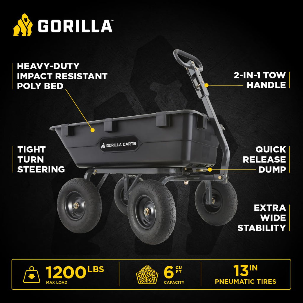 GORILLA CARTS Heavy-Duty Poly Yard Dump Cart - 1200 lb Capacity