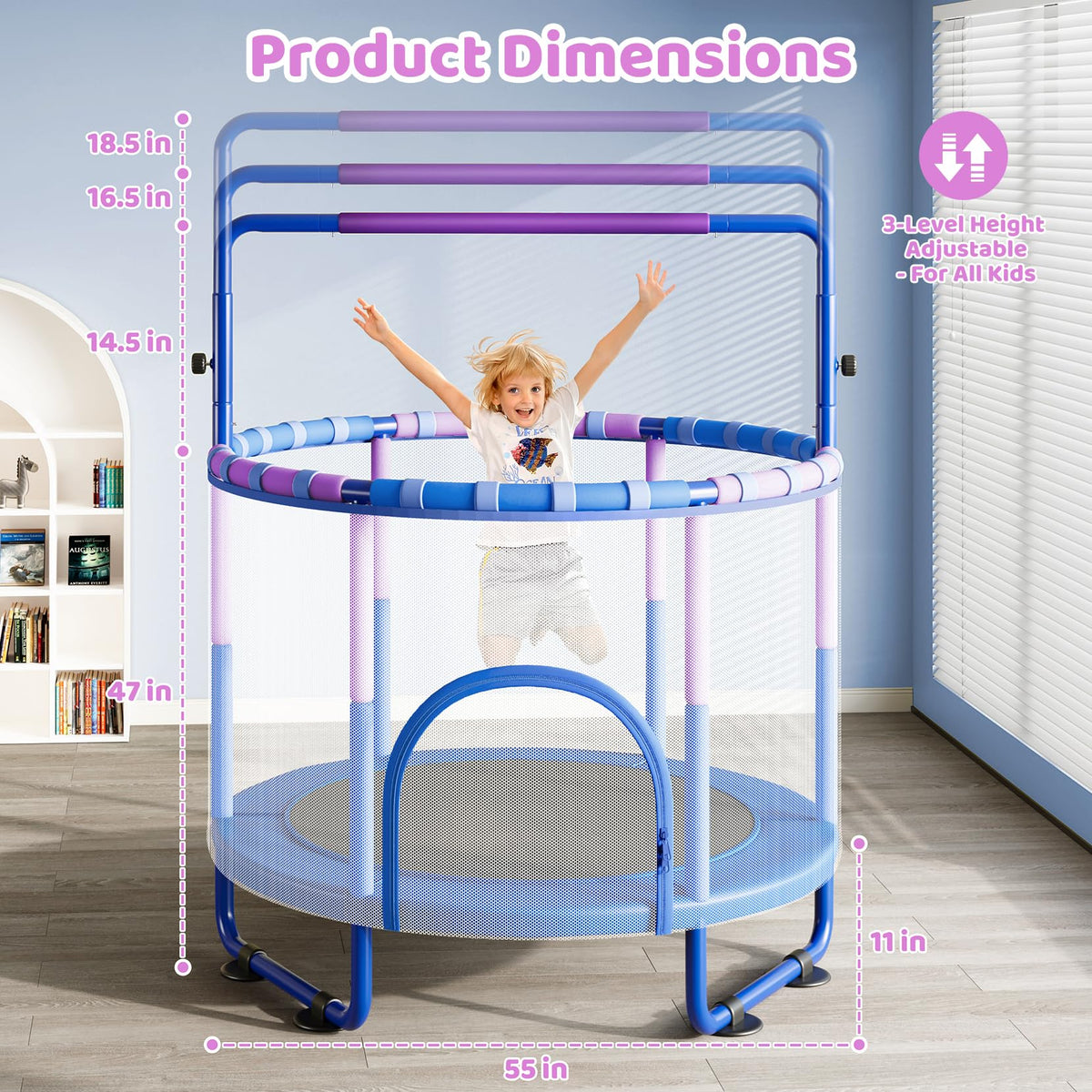 YOHOOD 55" Kids Trampoline with Enclosure & Adjustable Bars