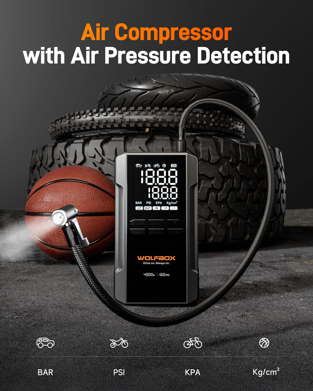 WOLFBOX 4000A Jump Starter & 160PSI Air Compressor