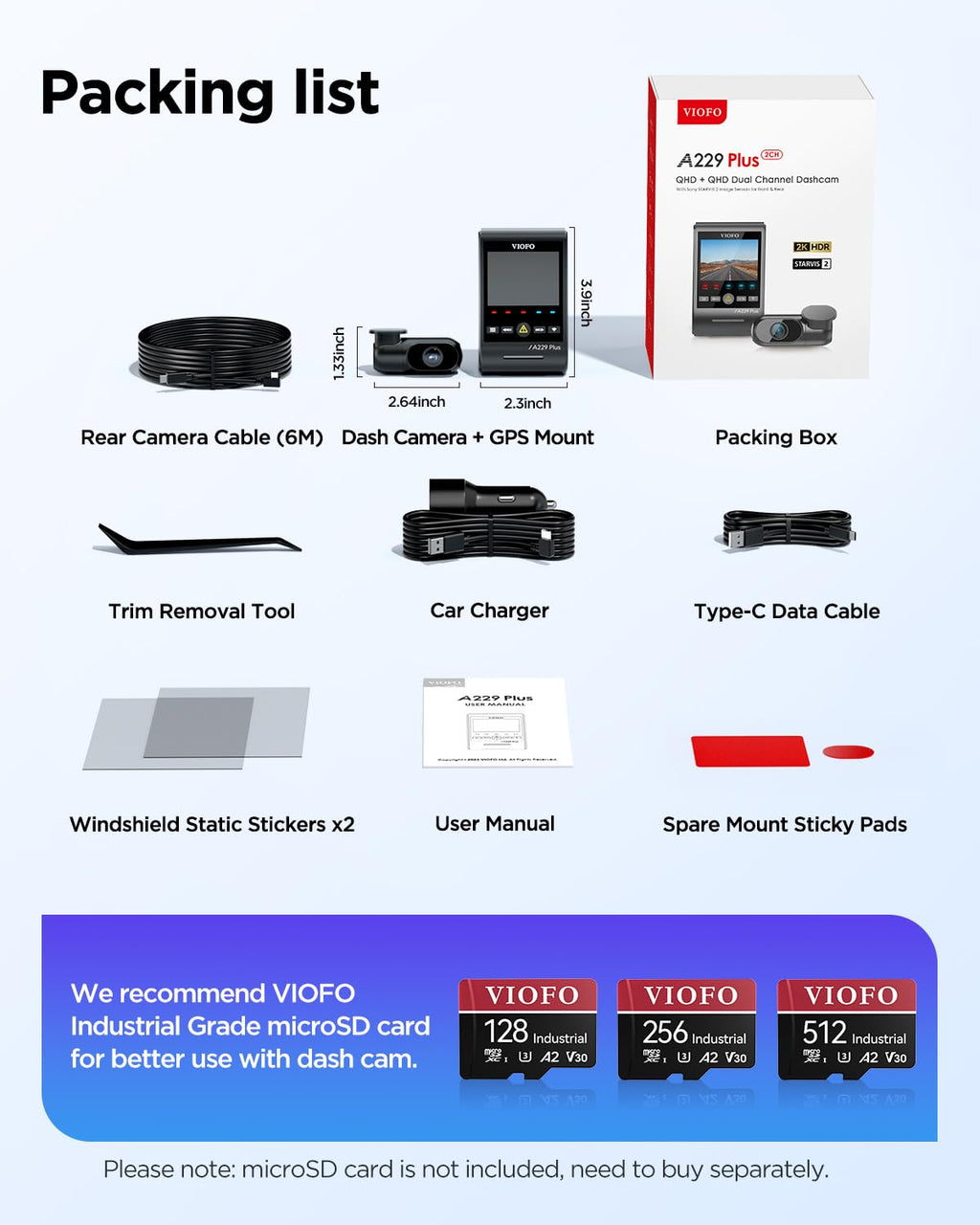 VIOFO A229 Plus Dash Cam Front and Rear, Dual 1440P HDR