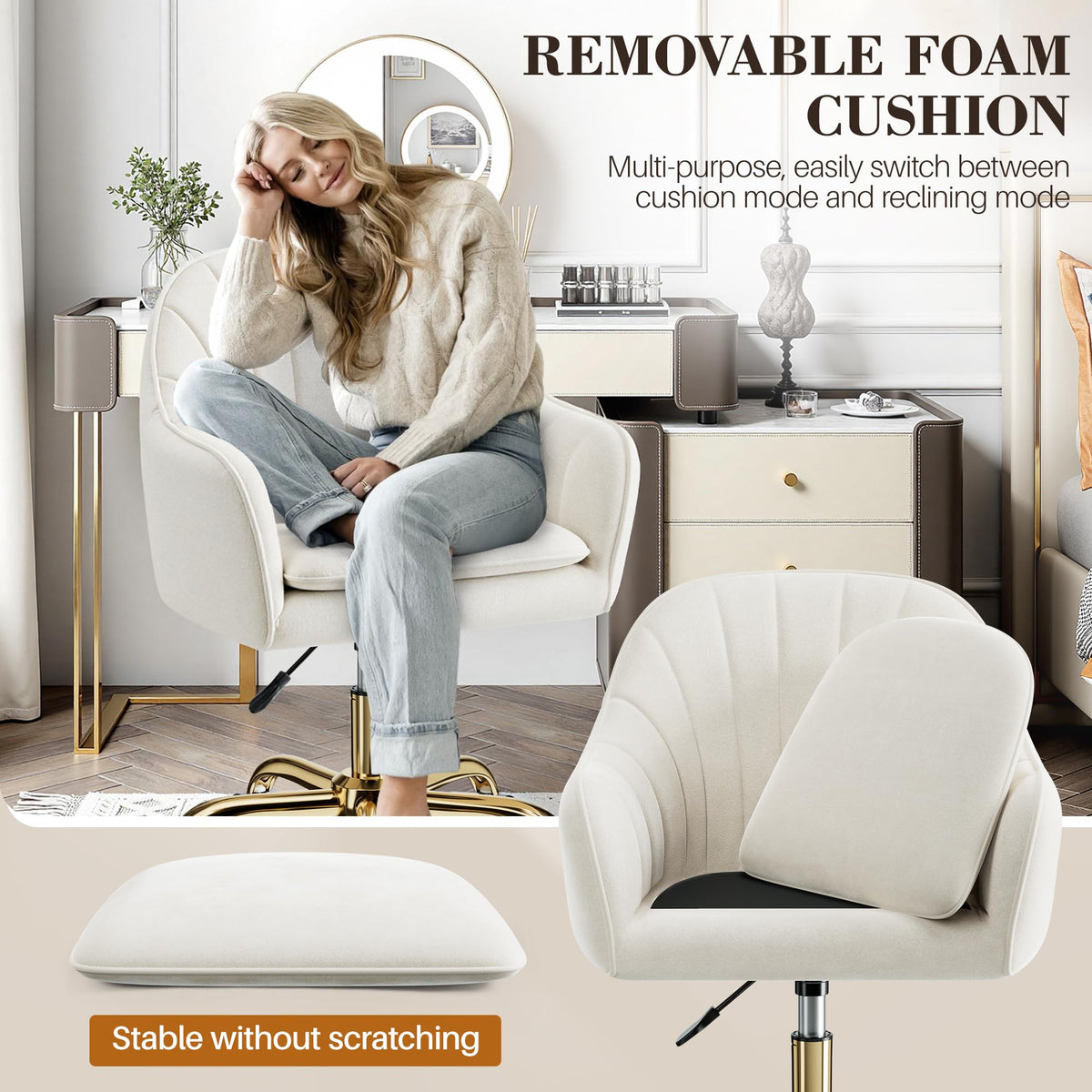 BESTERA Vanity Chair with Wheels - Adjustable Velvet Makeup Chair
