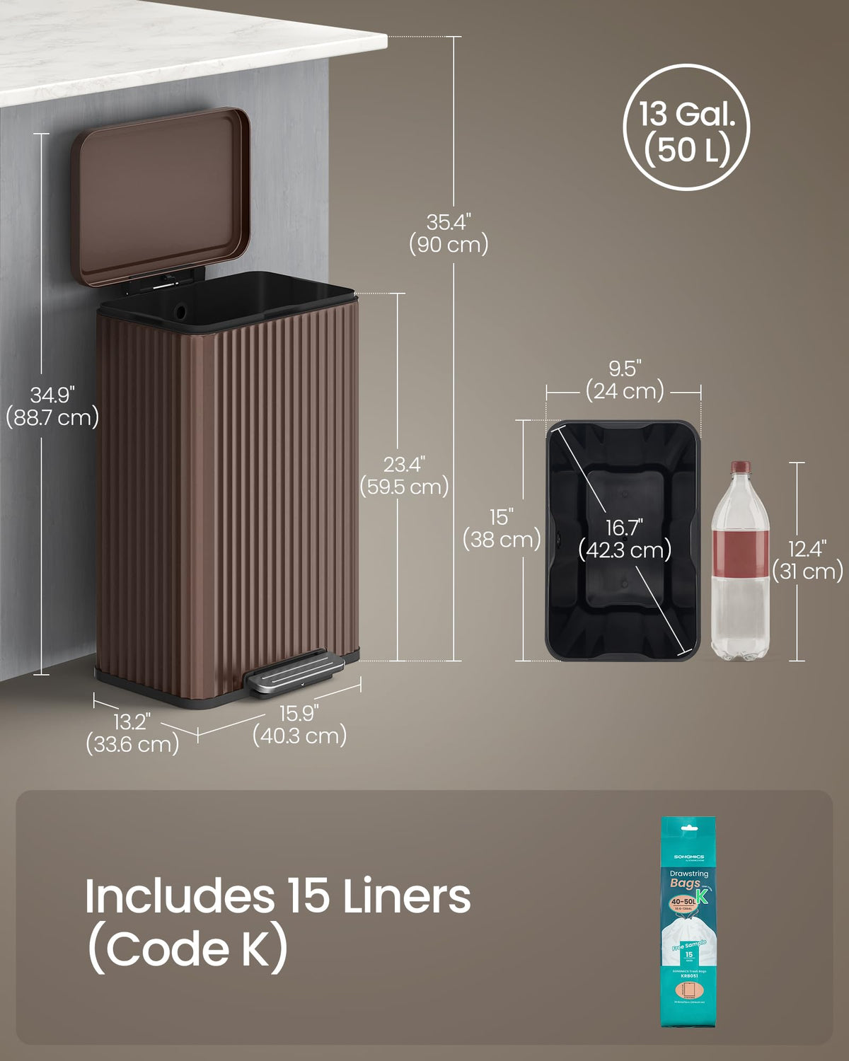 SONGMICS 13 Gallon Stainless Steel Kitchen Trash Can with Lid