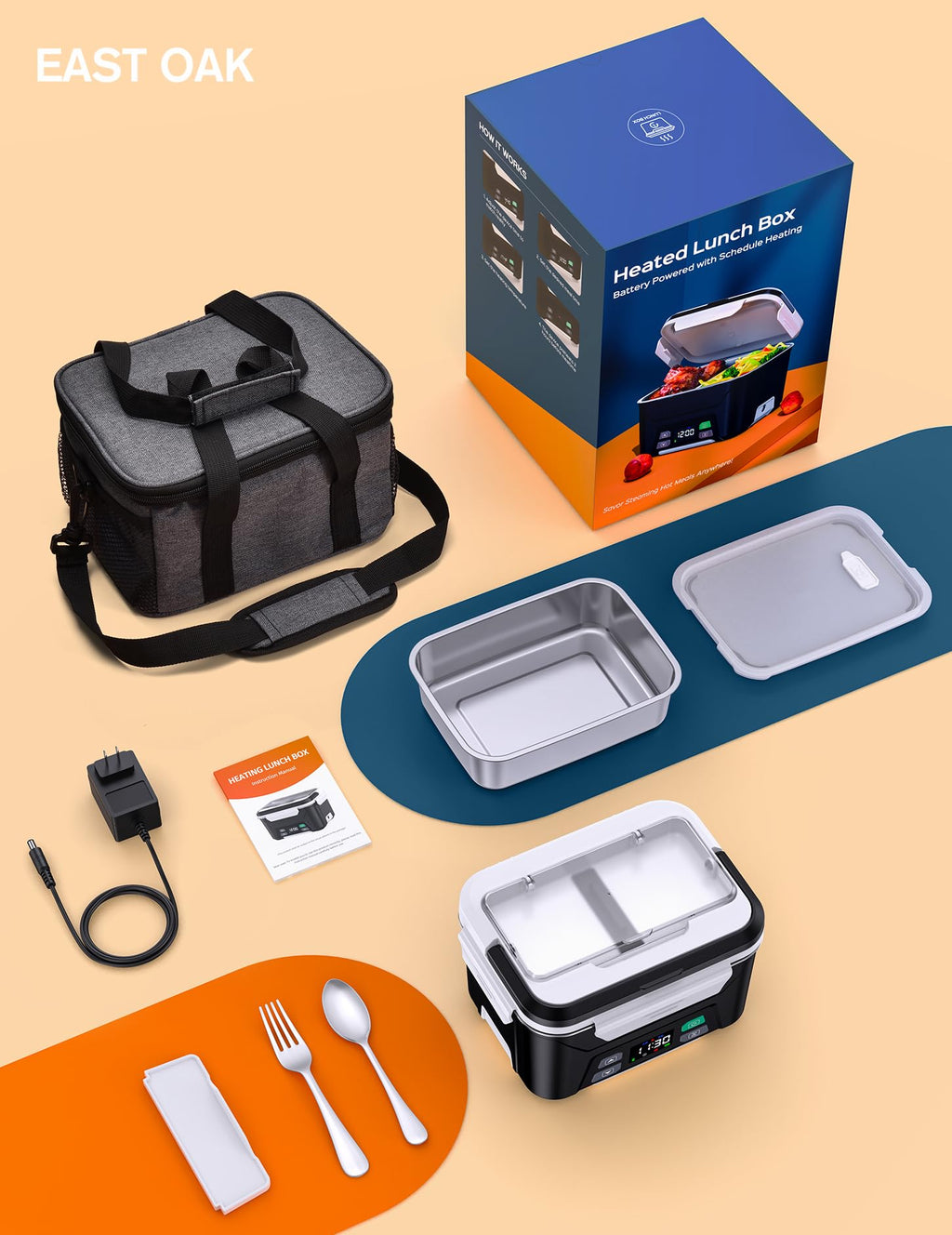 EAST OAK Cordless Electric Lunch Box - Heated Food Warmer