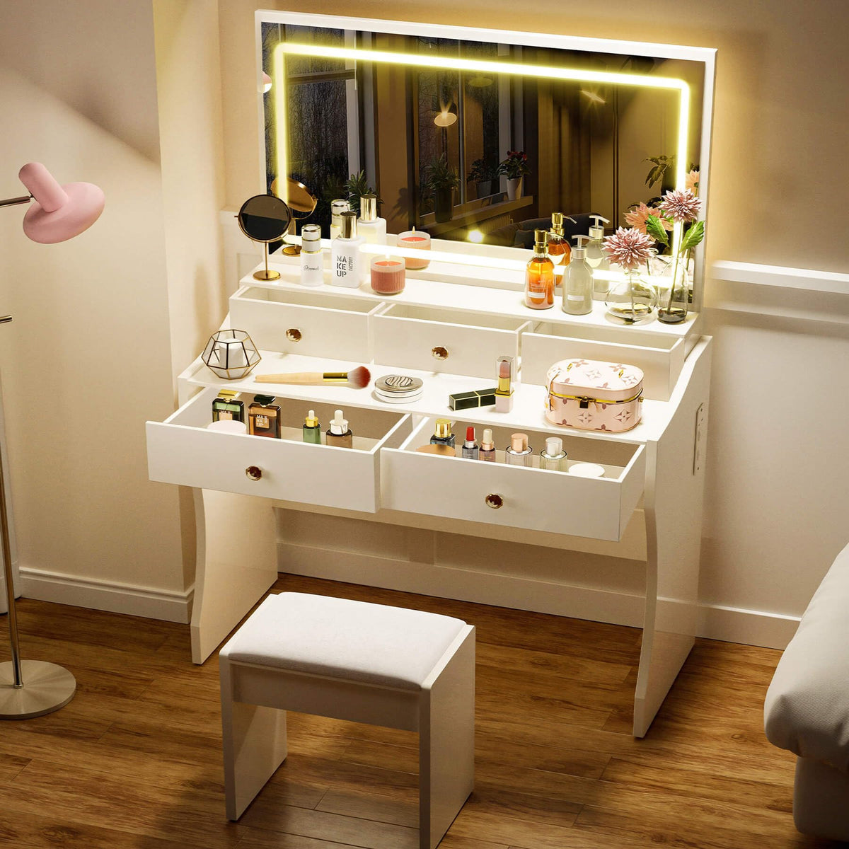 COMHOMA Makeup Vanity Desk with LED Mirror & Chair Set
