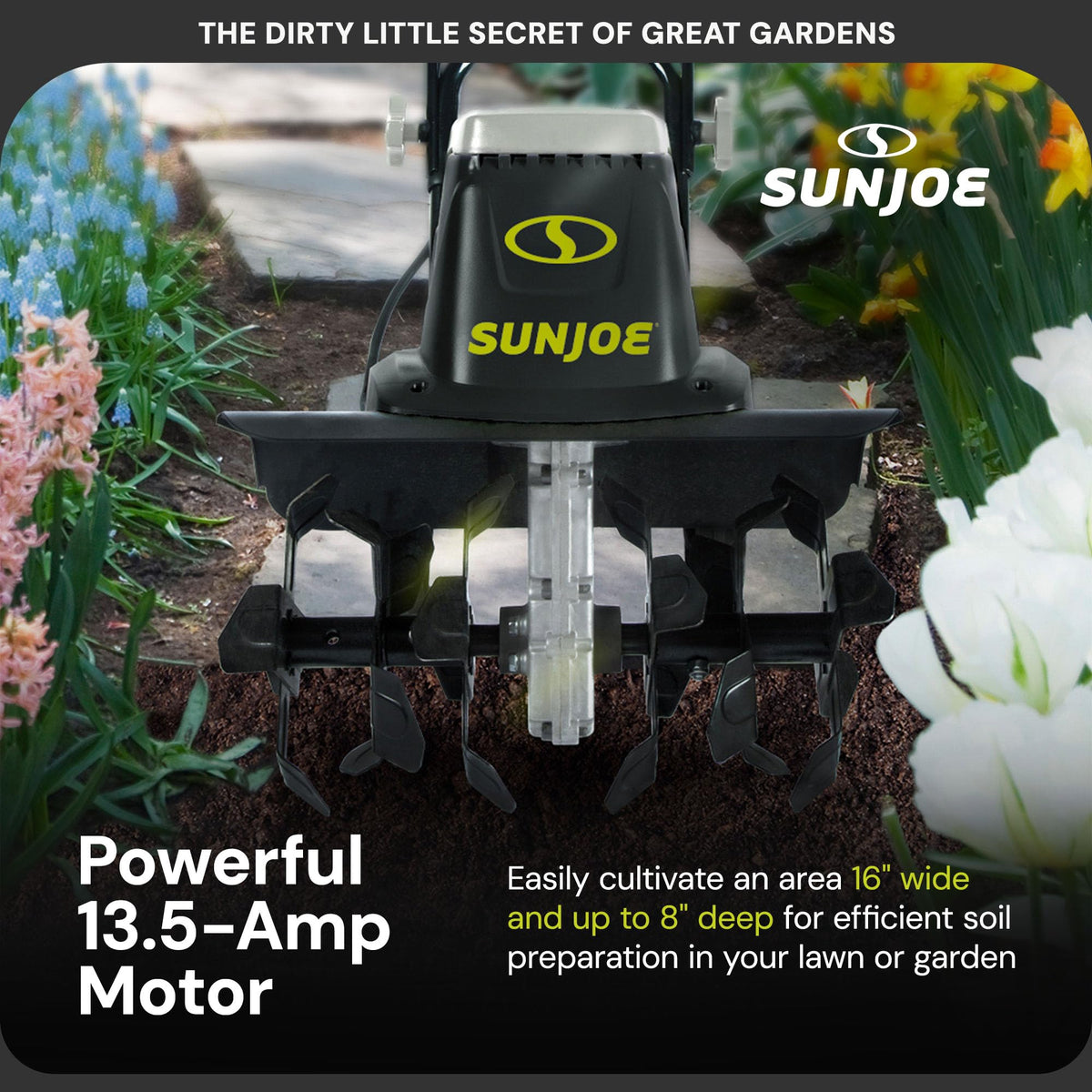 SUN JOE Corded Electric Garden Tiller - 16 Inch, 13.5 Amp