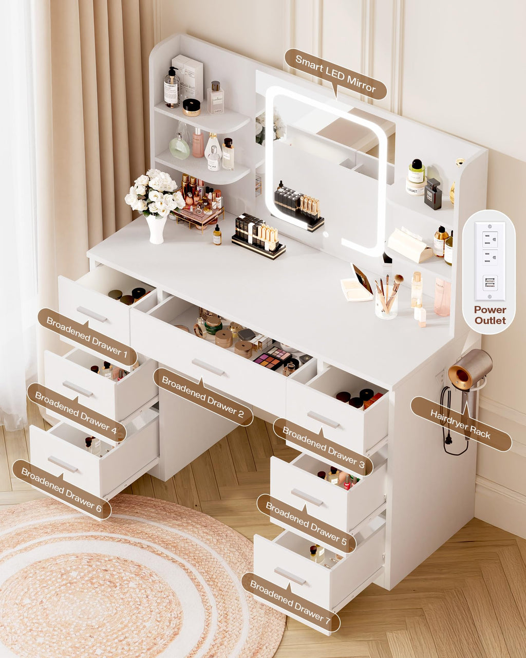 LIVELYGLOW White Makeup Vanity Desk with LED Mirror & Power Station