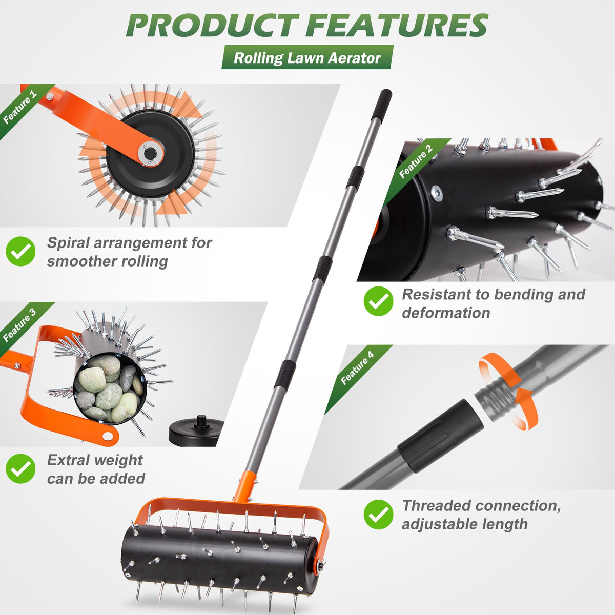 WALENSEE Heavy Duty Rolling Lawn Aerator Tool with 42 Spikes