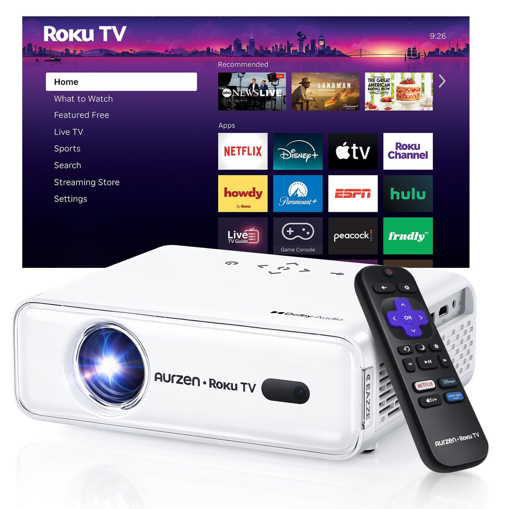 AURZEN Roku Smart Projector, 1080P FHD, Bluetooth & Wifi