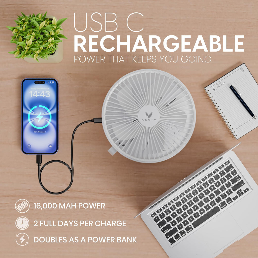 VENTY Portable Fan - Wireless Battery Operated with LED Light