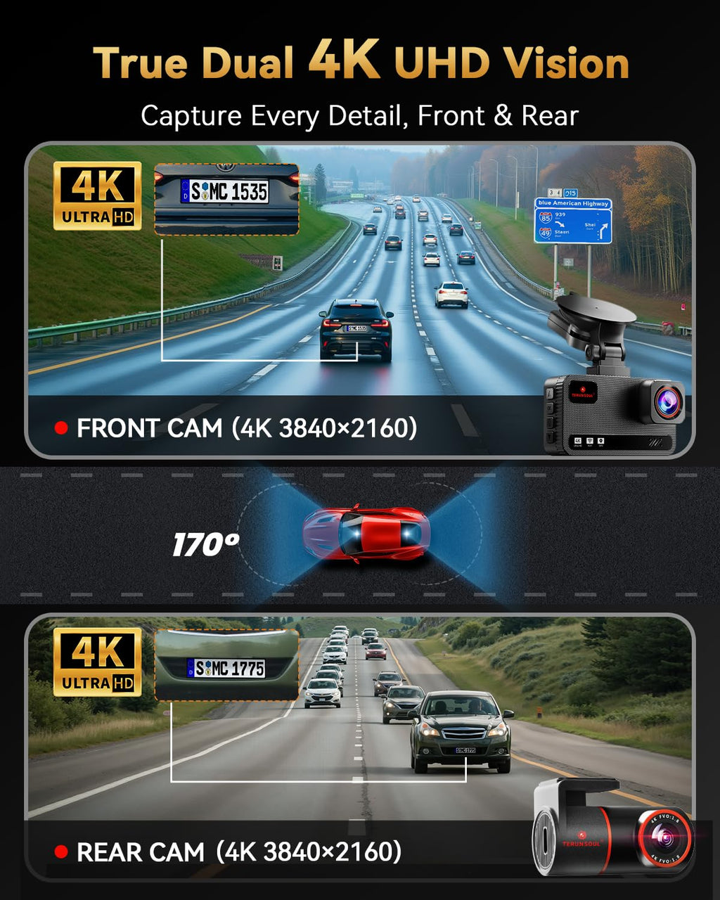 TERUNSOUL 4K Dash Cam Front & Rear with GPS, 128GB Card