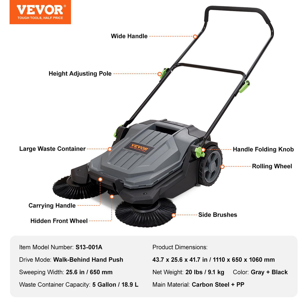 VEVOR Walk-Behind Manual Floor Sweeper with Adjustable Handle