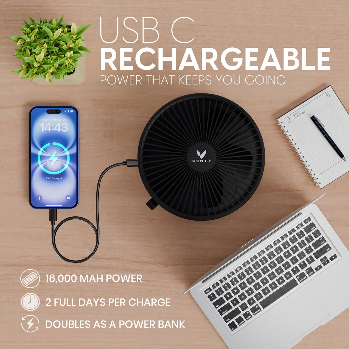 VENTY Portable Wireless Battery Operated Fan - 4 Speeds