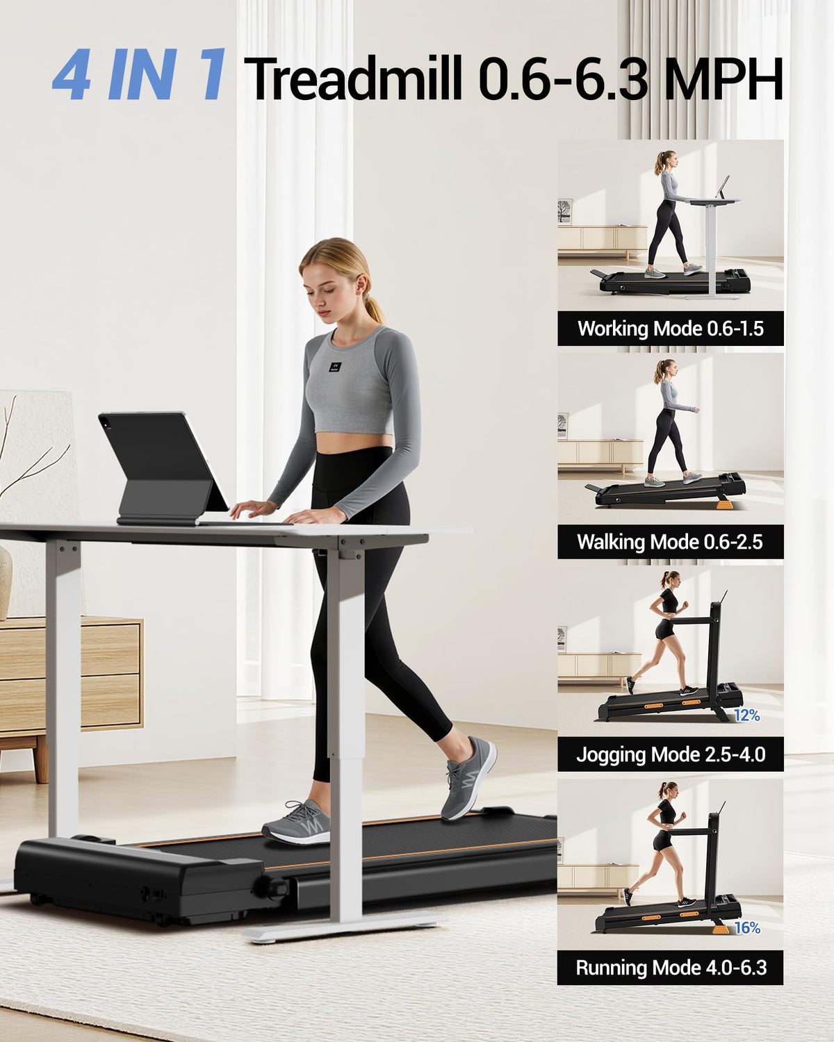 CURSOR FITNESS 16% Incline Walking Pad Treadmill - 4-in-1 Home Use