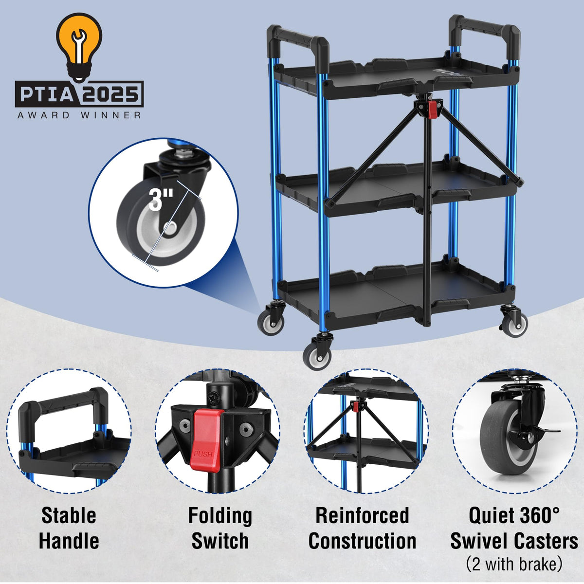 WORKPRO 3-Tier Collapsible Utility Service Cart - 210 LBS Capacity