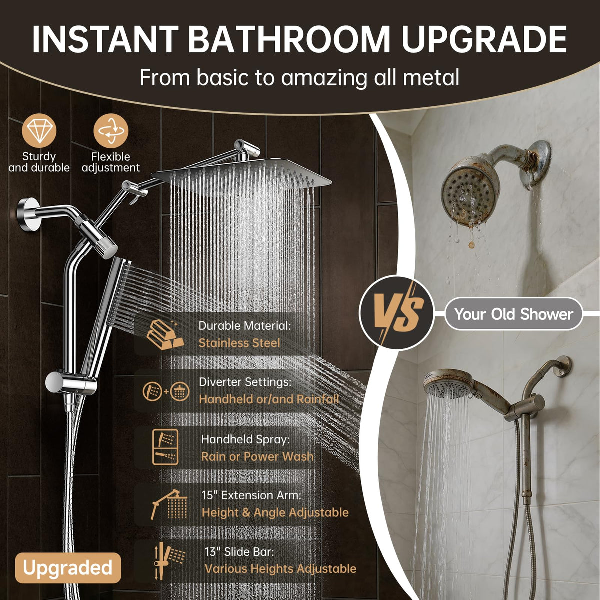 VEKEN All Metal 10" Dual Rain Shower Head with Handheld