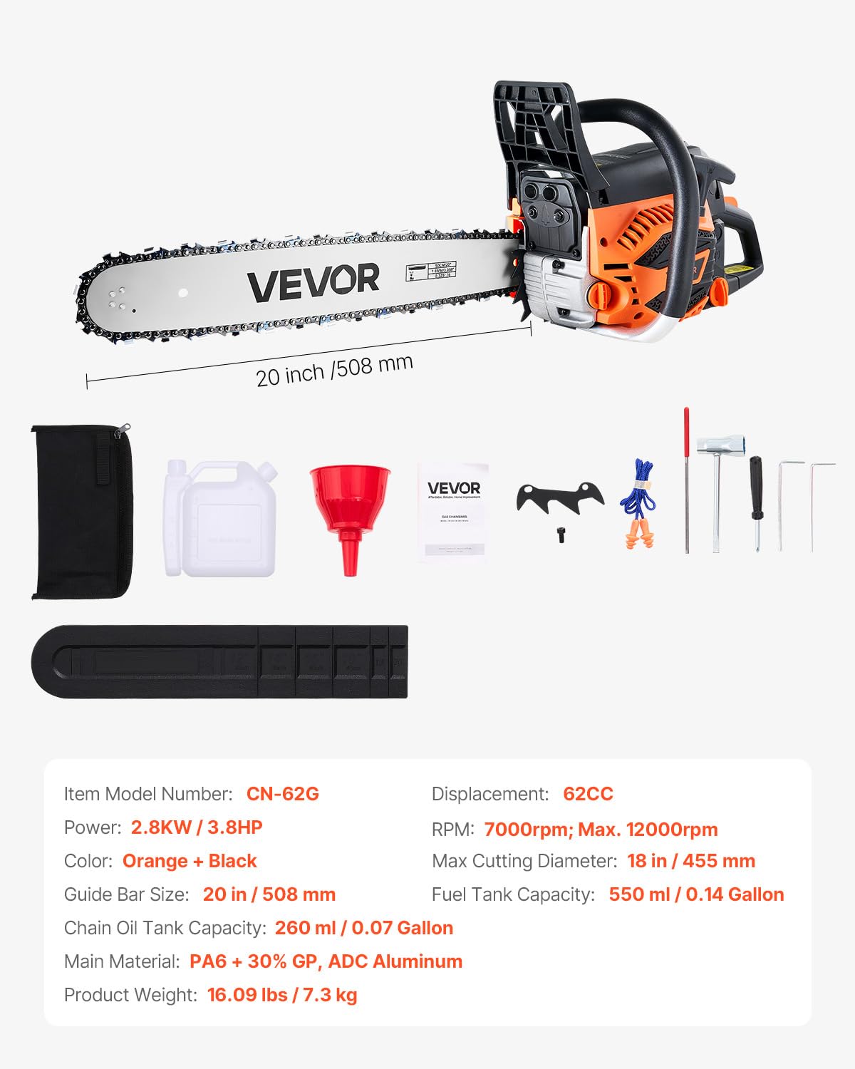 VEVOR 20-Inch 62CC Gas Chainsaw - 3.8 HP, Dual Fuel