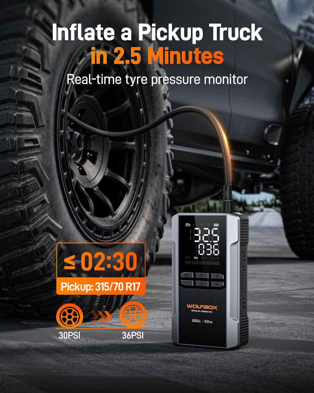 WOLFBOX 3000A Jump Starter with Air Compressor & Fast Charge