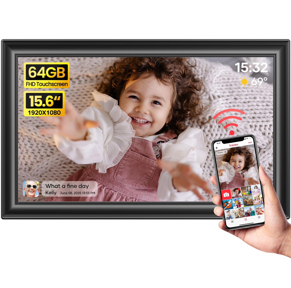 BIGASUO 64GB Frameo 15.6" WiFi Digital Photo Frame