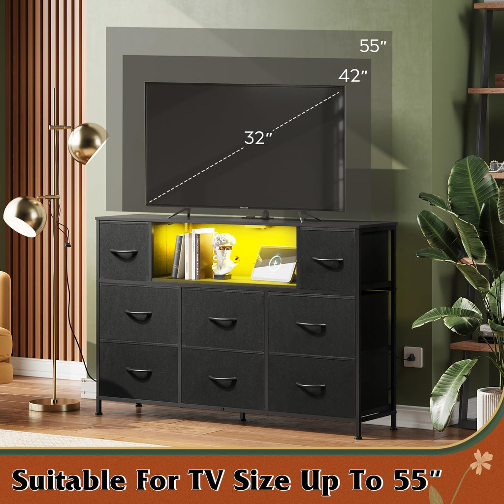WLIVE Black Dresser TV Stand with LED Lights & Storage