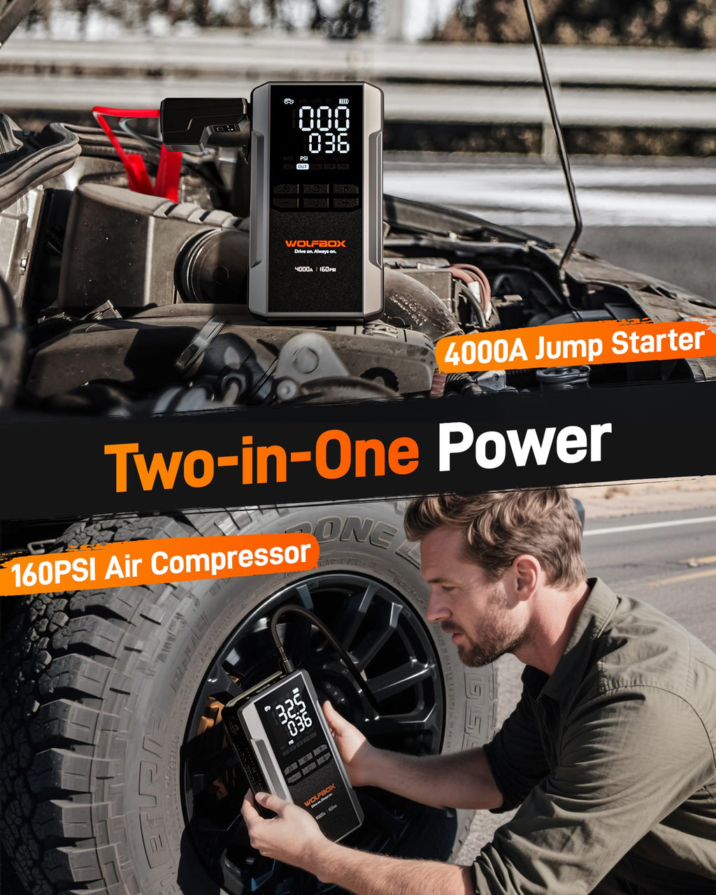 WOLFBOX 4000A Jump Starter & 160PSI Air Compressor