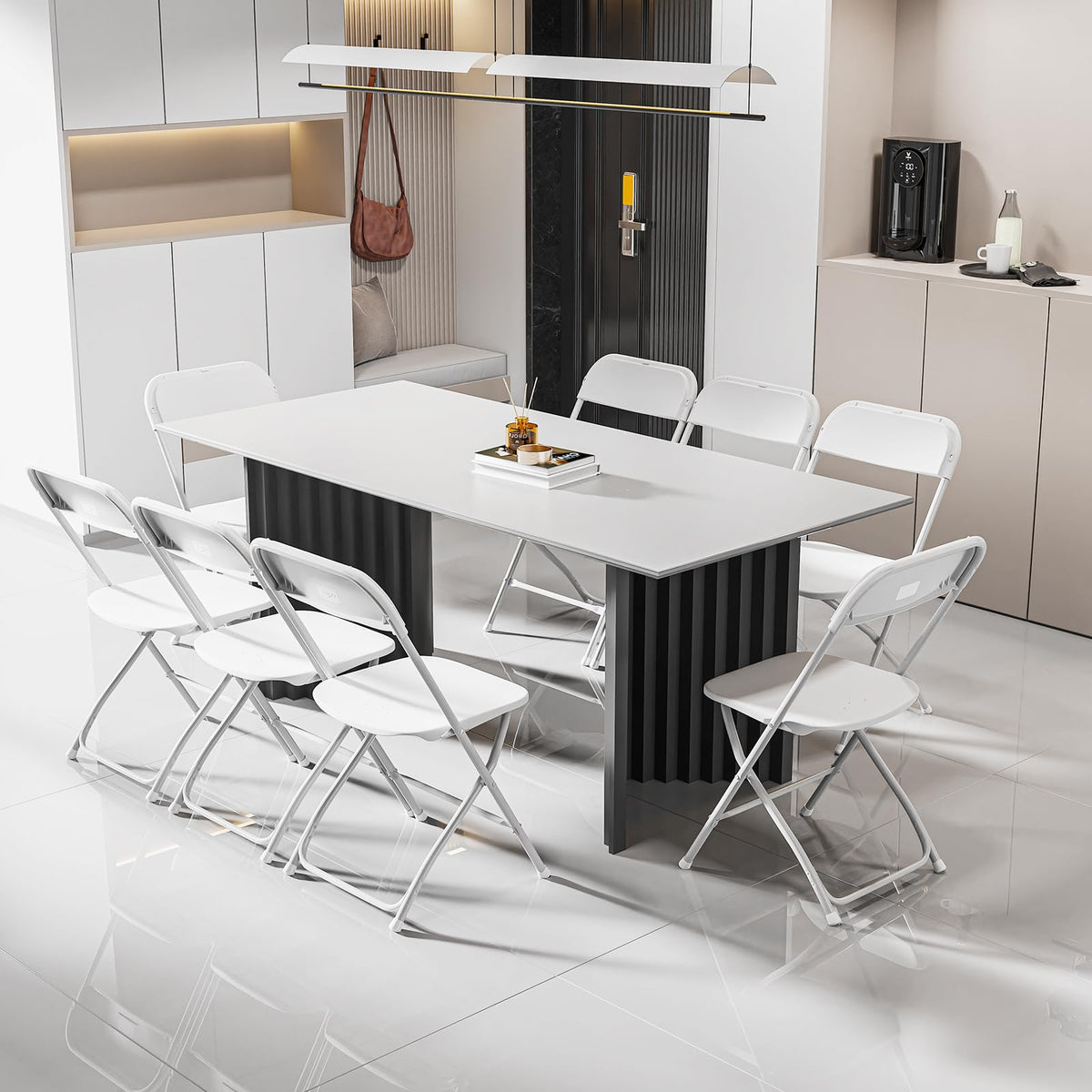 BONNLO Folding Chairs Set of 10 - White Plastic & Metal Frame