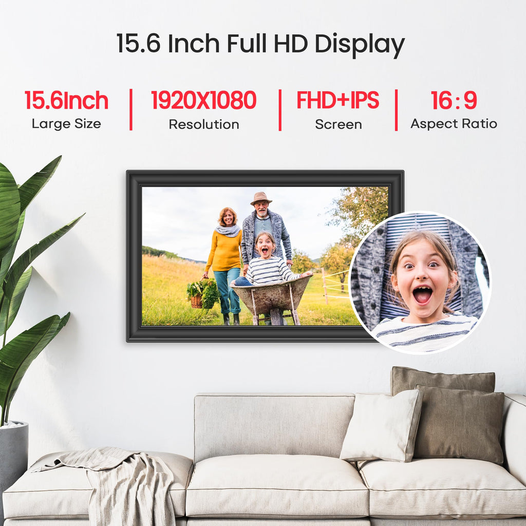 BIGASUO 64GB Frameo 15.6" WiFi Digital Photo Frame