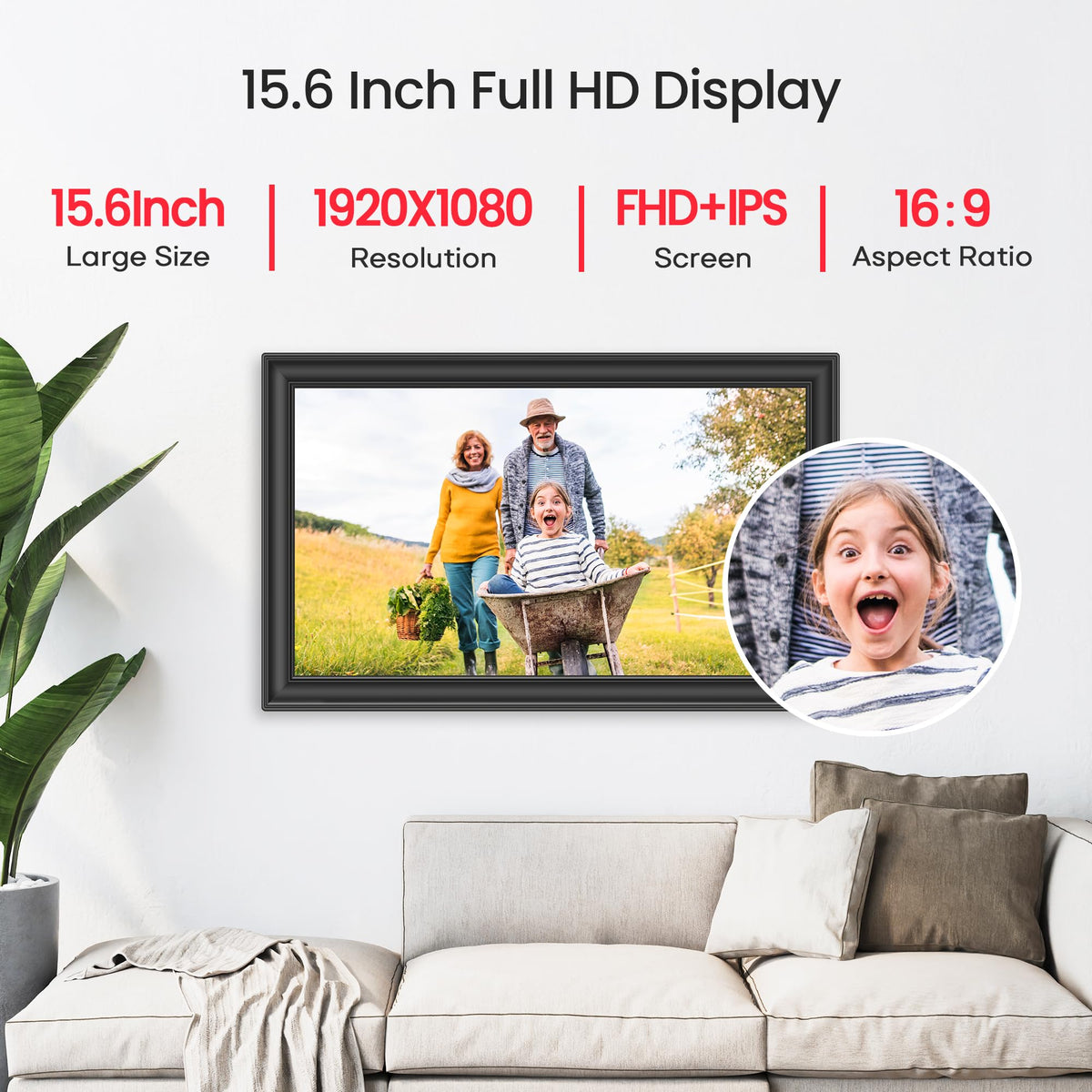 BIGASUO 64GB Frameo 15.6" WiFi Digital Photo Frame
