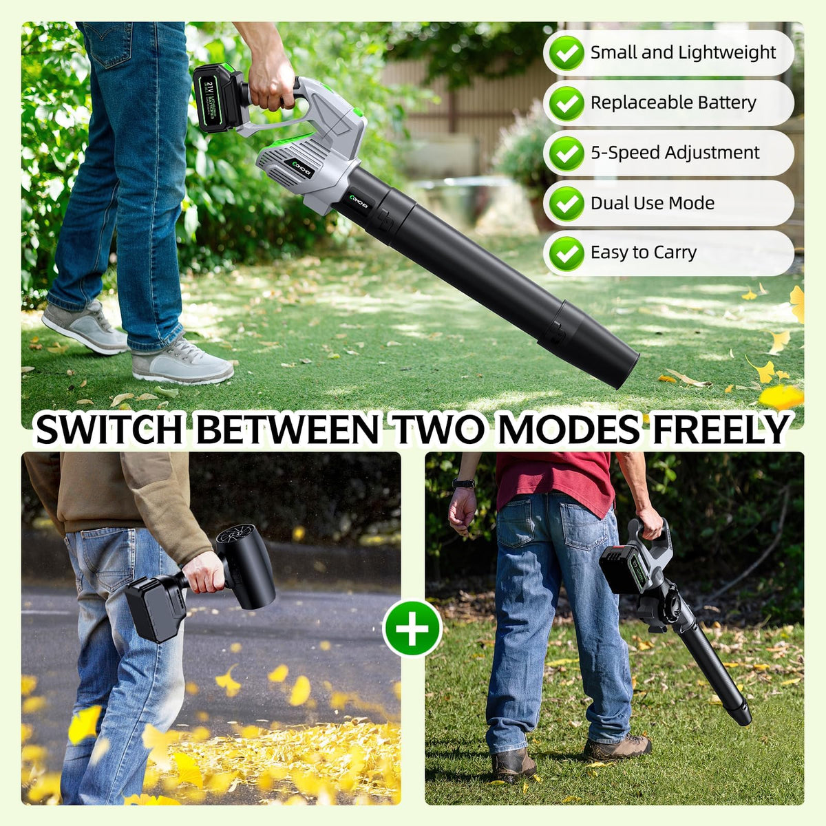 COMCHOI Electric Leaf Blower Cordless, 680 CFM, 5 Speed