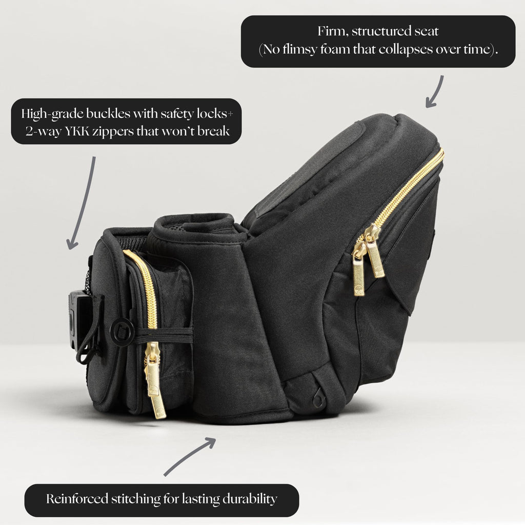 TUSHBABY Original Hip Seat Baby Carrier for Toddlers, Black & Gold